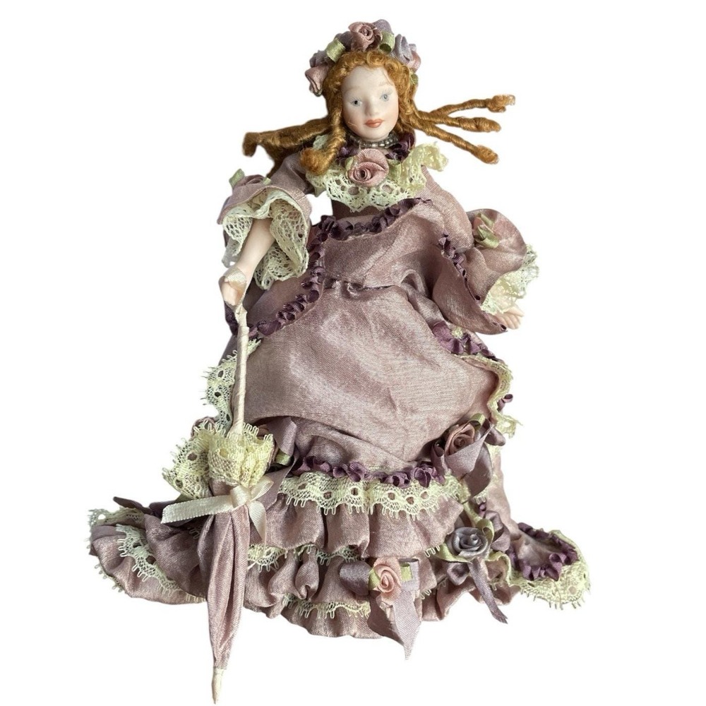 Vintage Fashion Doll in Purple Dress with Parasol 6" Tall with Stand and Box